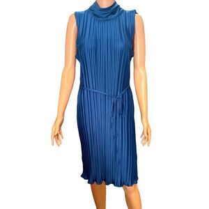 DKNY Deep Sea All Around Pleat Ribbon Back Neck Belted Dress Size 12 NWT